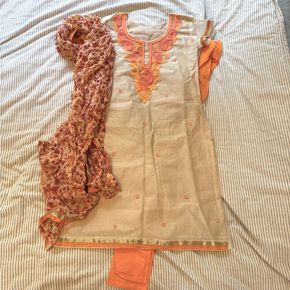 Beige and Orange Embroidered Kurta Set with Beaded embroidery